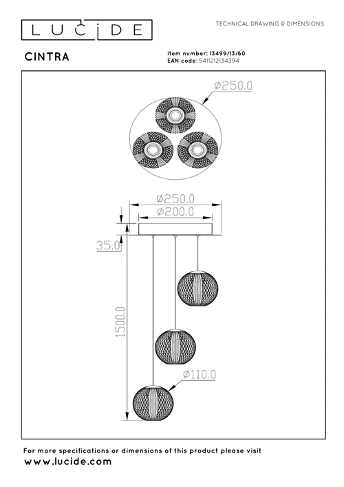 Lucide CINTRA - Pendelleuchten - Ø 25 cm - LED Dim. - 3x4,7W 2700K - Transparent - technisch